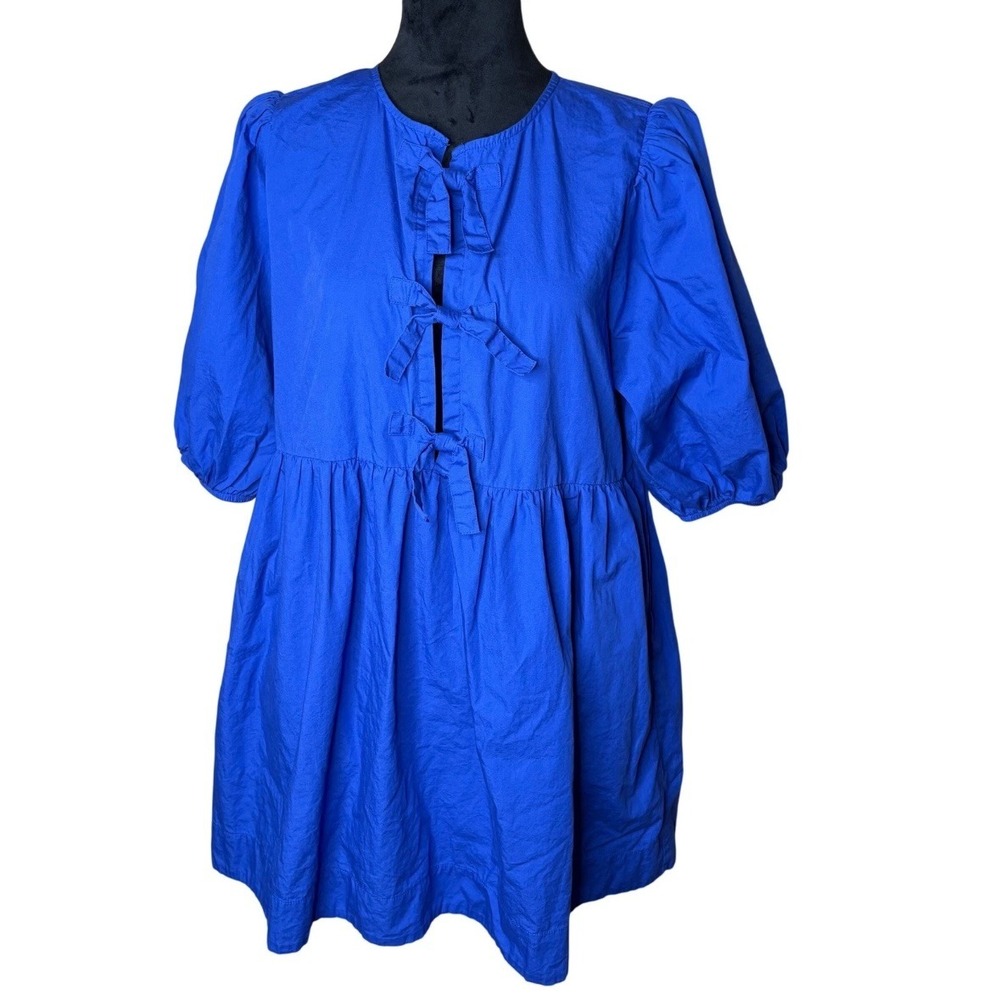 Band of the Free Blue Cotton Babydoll Mini Dress Puff Sleeve Front Tie Large